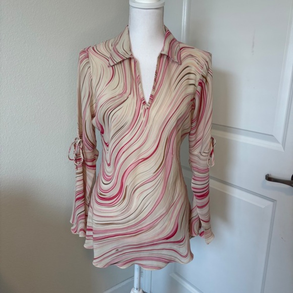 Y2K Violet & Claire Pink Psychedelic Swirl Bell Sleeve Blouse V-Neck Top Medium